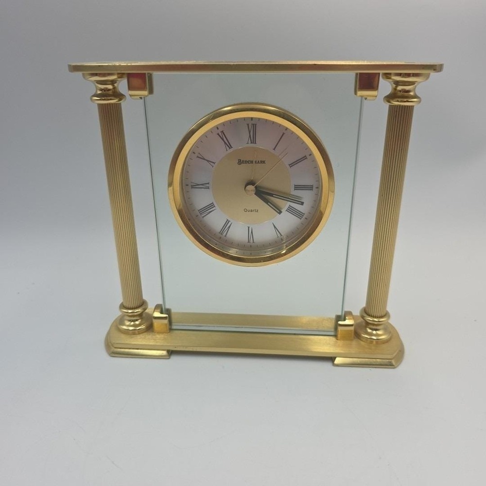 VTG Benchmark Brass & Glass Quartz Clock Desk Mantle" Alarm" Glow at Night Hands